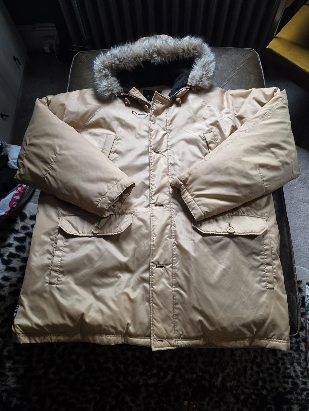 VTG Sean John Winter Parka Jacket Tan 2XL NWOT Faux Fur Hood Y2K Streetwear